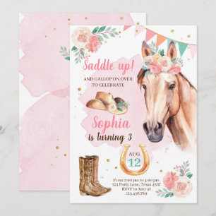 Enfant Invitation fille Cheval Rose Aquarelle