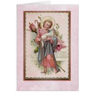 Enfant Jésus avec des roses de rose d'agneau
