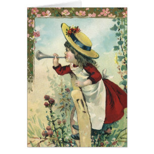 Enfant victorien vintage, Fille soufflant Bugle Me