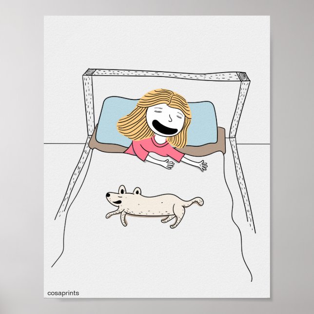 Enfants amusants poster fille et chien dans le lit (Devant)