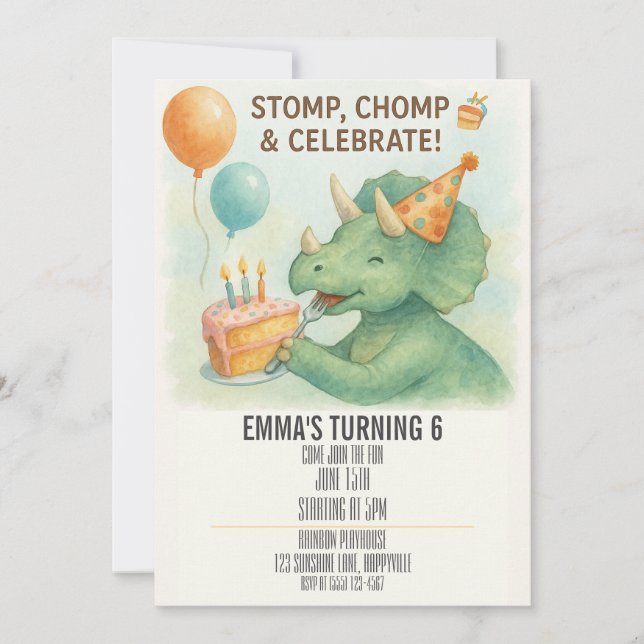 Enfants Aquarelle Dinosaure Invitation Anniversair (Devant)
