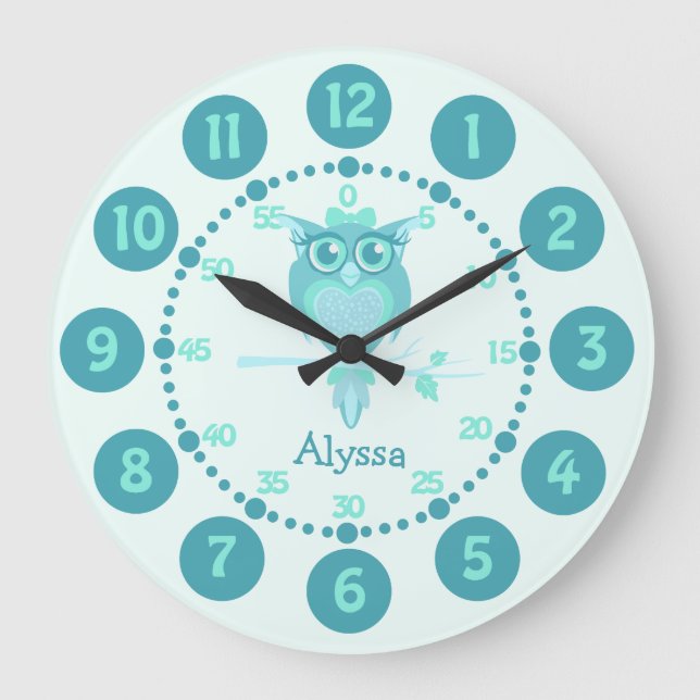 Enfants chouette hibou aqua bleu vert horloge mura (Recto)