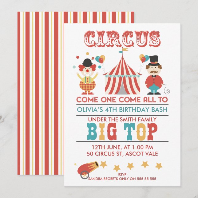 Enfants Circus fête d'anniversaire Invitation (Devant / Derrière)