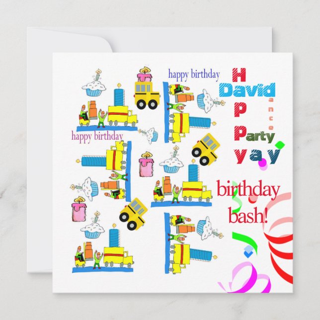 Enfants heureux anniversaire Invitation Camions Bu (Devant)