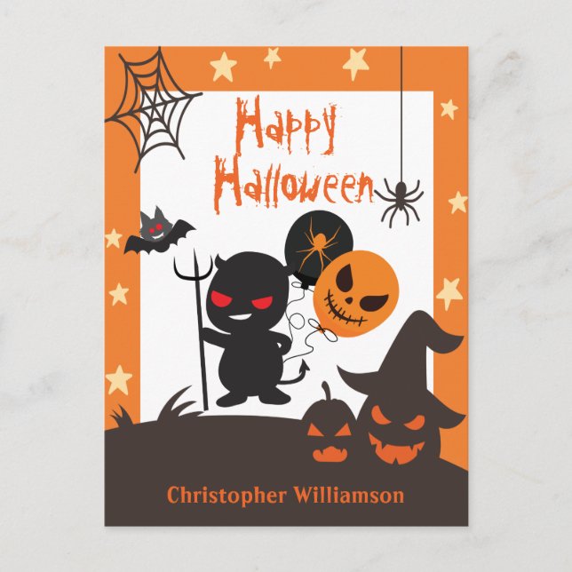 Enfants Joyeux Halloween Orange Carte Postale Noir (Devant)