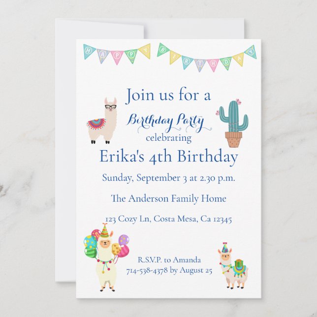 Enfants Llama Cactus Anniversaire Fête Invitation (Devant)