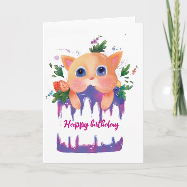 Enfants mignonne Anniversaire Chat et gâteau Carte (Devant)
