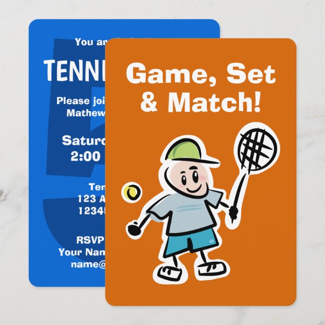 Enfants tennis Invitation fête d'anniversaire avec (Devant / Derrière)
