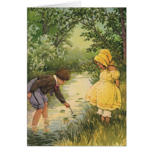 Enfants Vintage, Garçon et Fille Jouant au Ruissea