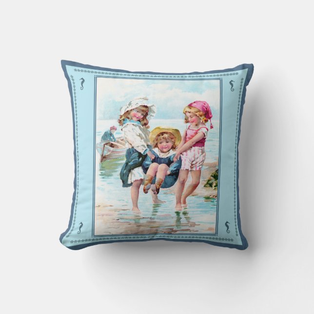 Enfants Vintages jouant au Coussin de bord de mer (Recto)