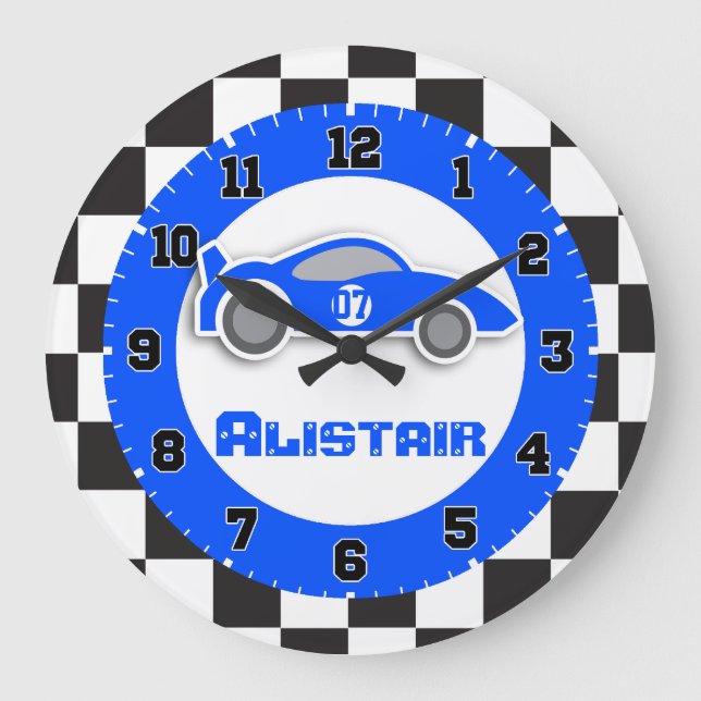 Enfants voiture bleu à damiers drapeau nom horloge (Recto)