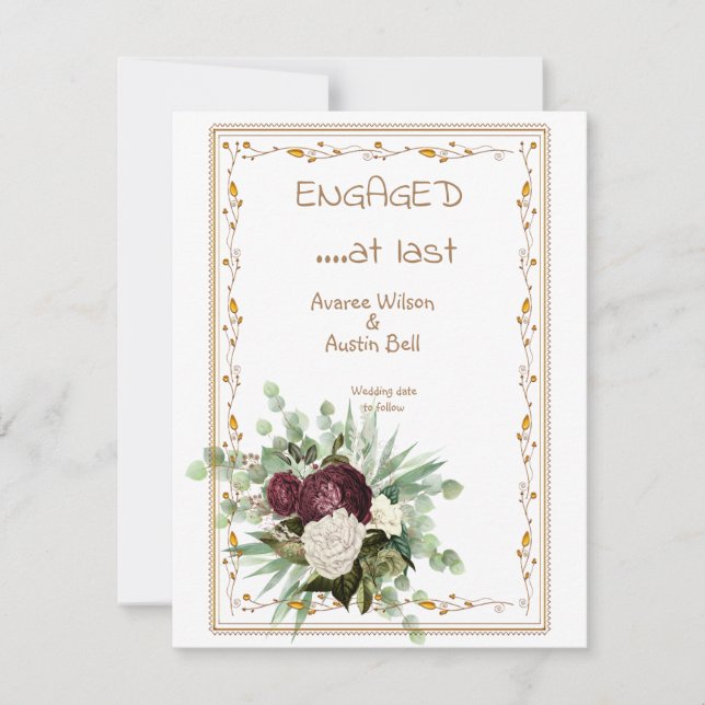 Engaged at Last Watercolor Floral  Card (Front)