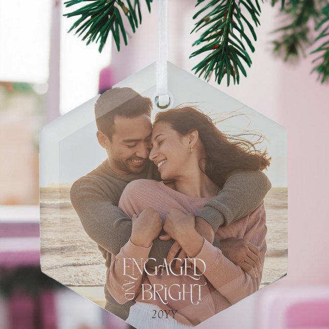 Engaged & Bright Minimalist Modern Wedding Photo Glass Ornament (Engaged & Bright Christmas Ornament with Engagement Photo by Darling & May)