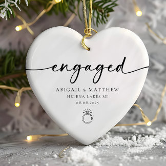 Engaged Calligraphy Photo Keepsake Ceramic Ornament
