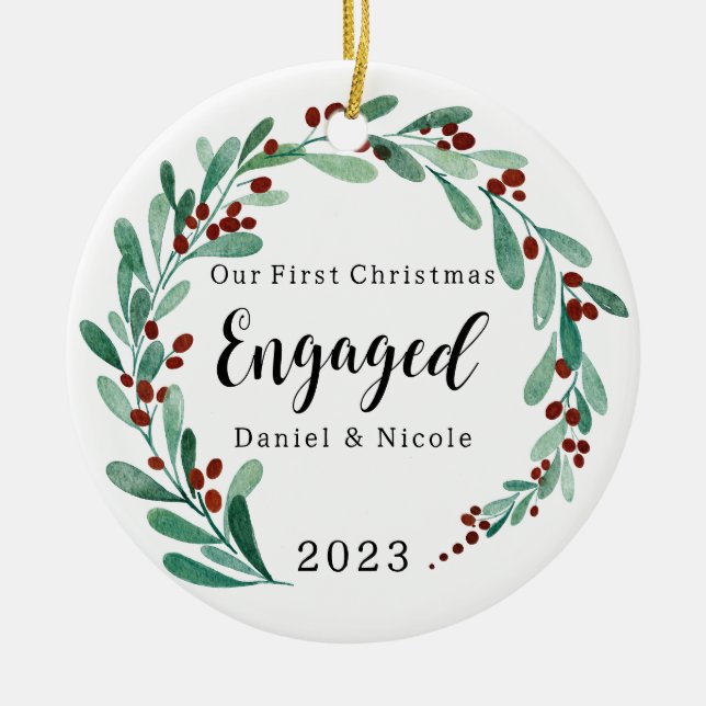 Engaged Christmas Ornament, Personalized Christmas Ceramic Ornament (Front)