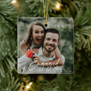 Engaged Christmas Photo Holly Berry Ceramic Ornament