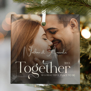 Engaged Couple Minimalist Photo Glass Ornament