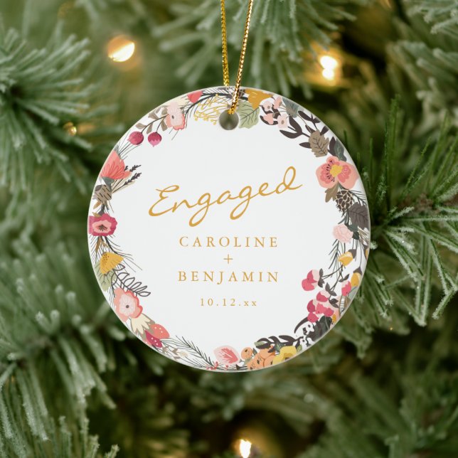 Engaged Couple Names Floral Wreath Fall Keepsake Ceramic Ornament (Tree)