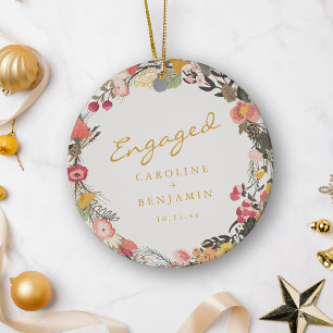 Engaged Couple Names Floral Wreath Fall Keepsake Ceramic Ornament