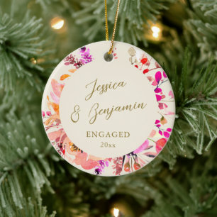 Engaged Couple Names Pink Floral Christmas Ceramic Ornament