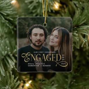 Engaged Couples 2 Photos Gold First Christmas Ceramic Ornament