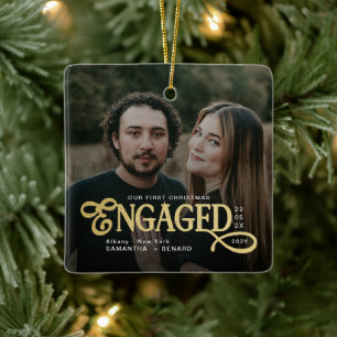 Engaged Couples 2 Photos Gold First Christmas Ceramic Ornament