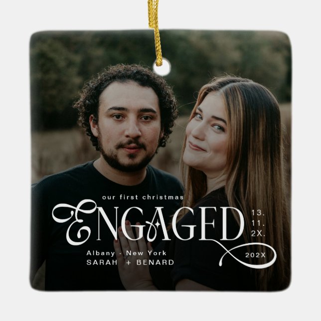 Engaged Couples 2 Photos Stylish First Christmas Ceramic Ornament (Front)