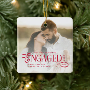 Engaged Couples 2 Photos Stylish First Christmas Ceramic Ornament