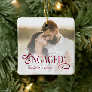 Engaged Couples 2 Photos Stylish First Christmas Ceramic Ornament
