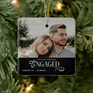 Engaged Couples Photo Stylish First Christmas Cer Ceramic Ornament