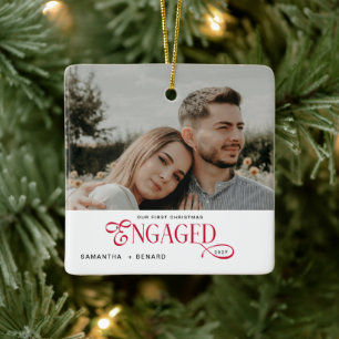 Engaged Couples Photo Stylish First Christmas Ceramic Ornament