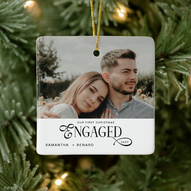 Engaged Couples  Photo Stylish First Christmas Ceramic Ornament (Tree)
