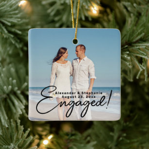 Engaged Elegant Script Overlay Engagement Photo Ceramic Ornament