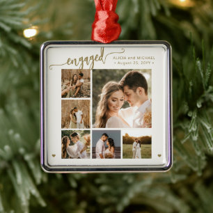 Engaged gold script 6 photo engagement keepsake metal ornament