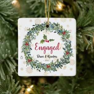Engaged Golden Snowflakes Christmas Photo Ornament