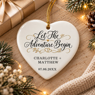Engaged Married Let the Adventure Begin Heart Ceramic Ornament
