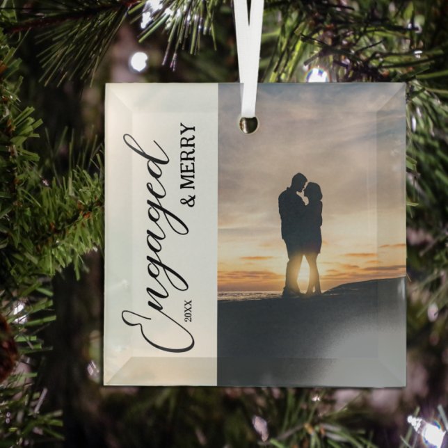Engaged & Merry Couple Photo Glass Ornament (Creator Uploaded)