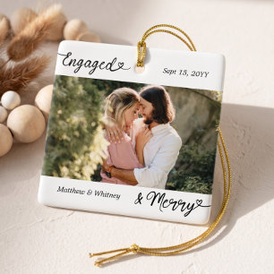 Engaged & Merry Minimal Engagement Photo Keepsake Ceramic Ornament