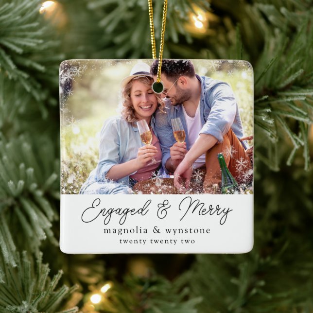 Engaged Merry Photo Snowflake Keepsake Ceramic Ornament (Tree)