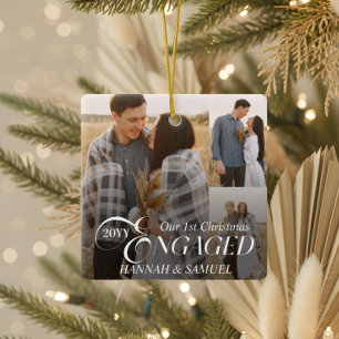 Engaged Minimal Elegant Couples Photo Collage Ceramic Ornament