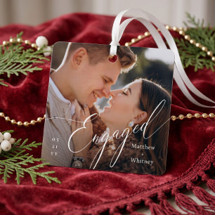 Engaged Minimal Elegant Script Engagement Photo Metal Ornament
