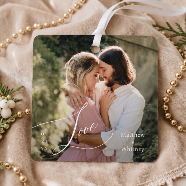Engaged Minimal Love Script Engagement Photo Gift Metal Ornament (Engaged Minimal Love Script Engagement Photo Gift Metal Ornament)