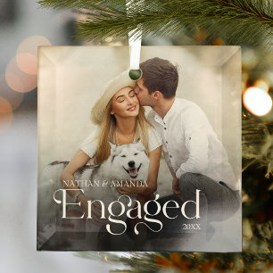 Engaged Minimal & Modern Couple Photo Glass Ornament