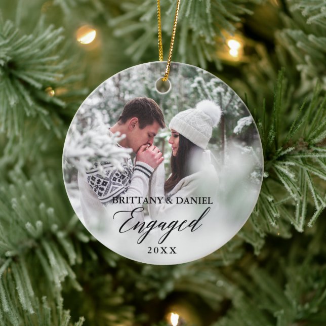 Engaged Modern Calligraphy Couple Photo Ceramic Ornament (Tree)
