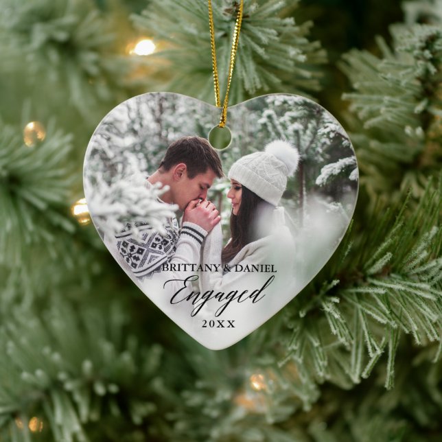 Engaged Modern Calligraphy Couple Photo Heart Ceramic Ornament (Tree)