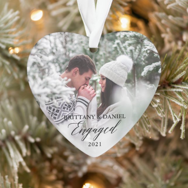Engaged Modern Calligraphy Heart Couple Photo Ornament (Tree)