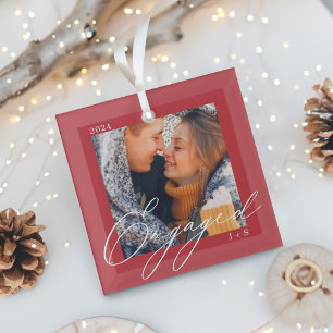 Engaged Modern Script Couples Photo & Monogram Glass Ornament