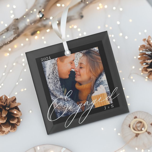 Engaged Modern Script Couples Photo & Monogram Glass Ornament (Engaged Modern Script Couples Photo & Monogram Glass Ornament)
