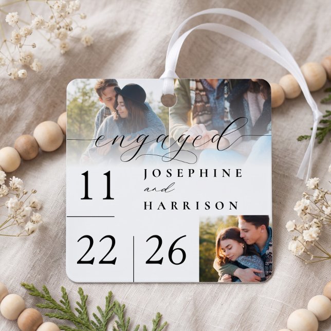 Engaged Modern Script Engagement Photo Keepsake  Metal Ornament (Engaged Modern Script Engagement Photo Keepsake Metal Ornament)