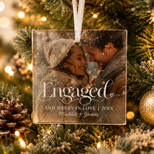 Engaged Our First Christmas Couple Names & Photo Glass Ornament